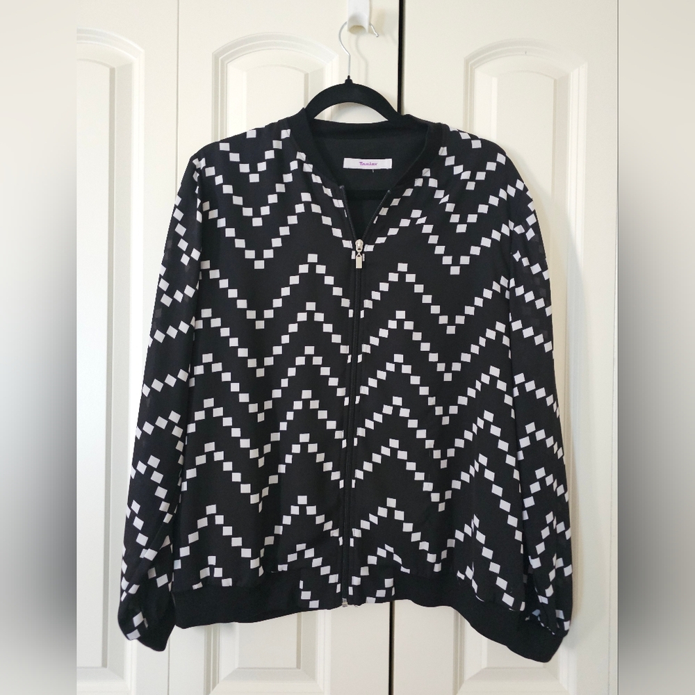 TanJay Womens Jacket Black White Zip-Up Dress Up Sz L-XL